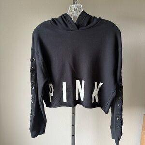 PINK Victoria’s Secret black/ white cropped hoodie with lace up details size S